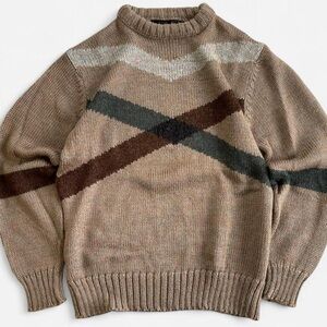 Vintage Moorings Tan Knit Brown Blue Multicolor Stripes Crewneck Sweater